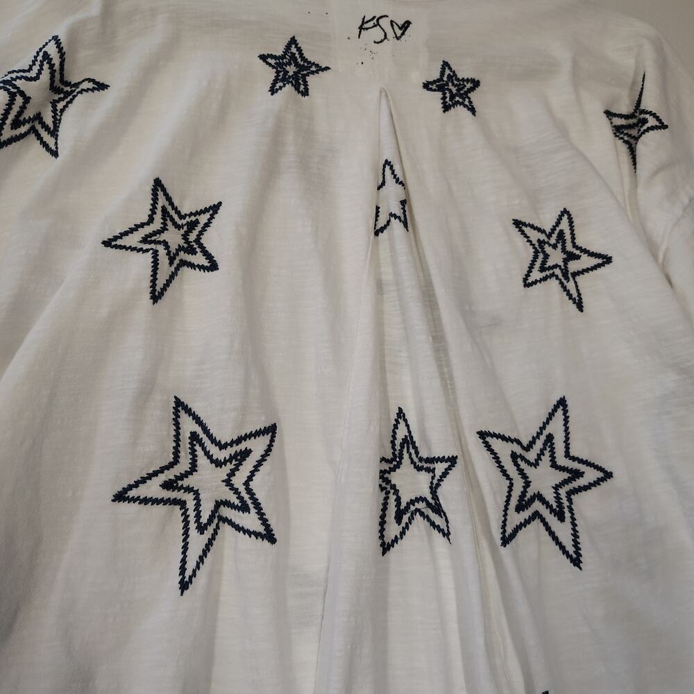 Karyn Seo XL White Embroidered Star Tee Boho Raw Edge Handmade India Top - Picture 11 of 15